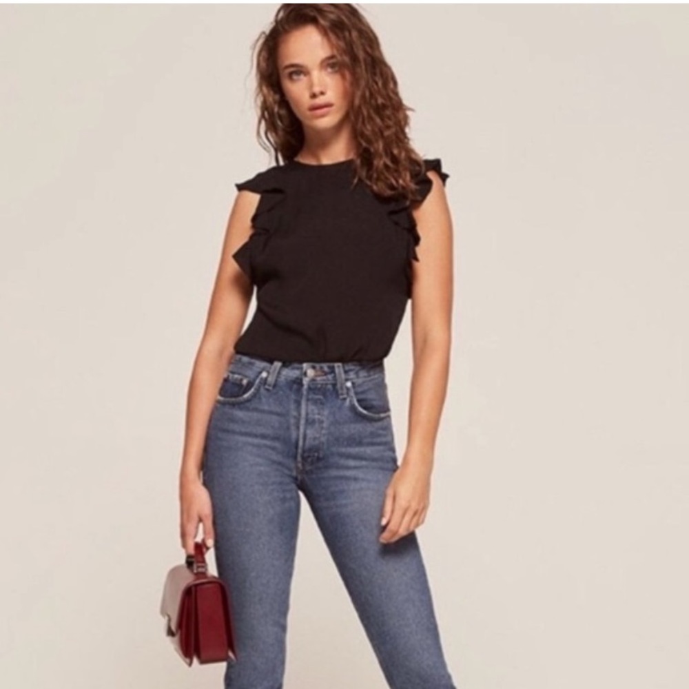 REFORMATION • Magpie Top New Black Ruffle Romantic Sleeveless Minimal Blouse M